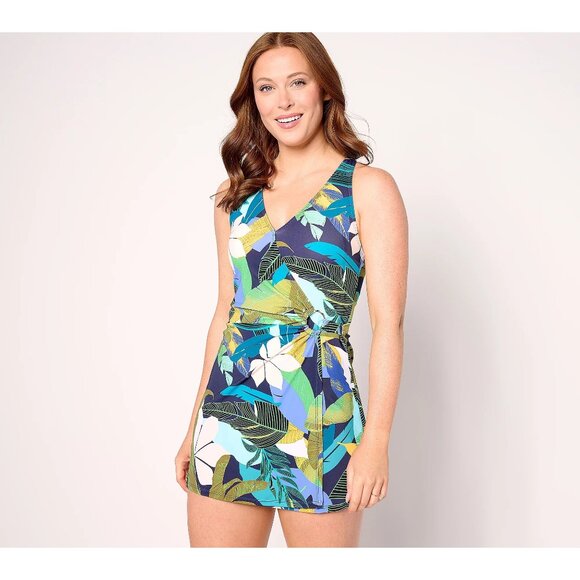 Susan Graver Other - Susan Graver Soleil Halter Wrap Swim Dress Size 14 Aqua Safari Palm Print Beach